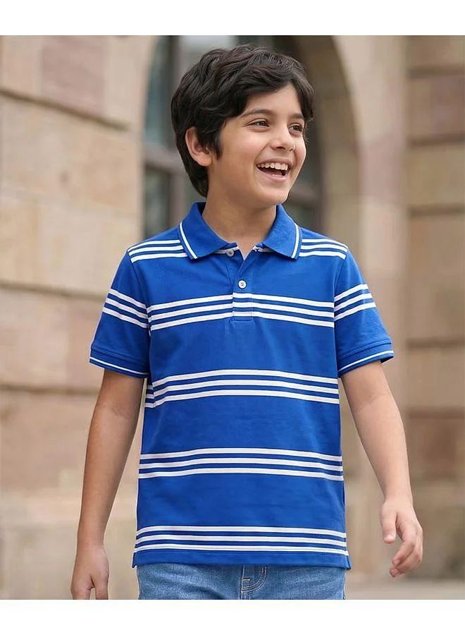 Pine Kids Pine Kids Horizontal Stripe Polo Collar Half Sleeves T-Shirt - Royal Blue & White