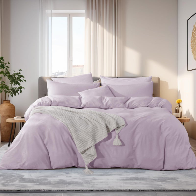 NEXHOME PRO Duvet Cover Set King Size Linen Feel Textured Organic Natural 100 Washed Cotton Duvet Cover Purple Lavender Lilac 3 Pieces Bedding Set with Zipper Closure Breathable No Comforter