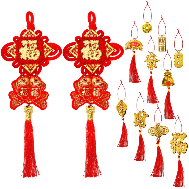 Eorbow 12 Pcs Chinese Knots, New Year Decoration Fu Character 3D Twin Fish Charm Tassel, Chinese Knotting Pendant Cord for Spring Festival Lunar Year Snake, Lucky Felt Hanging Ornament for Home Office - Image 1
