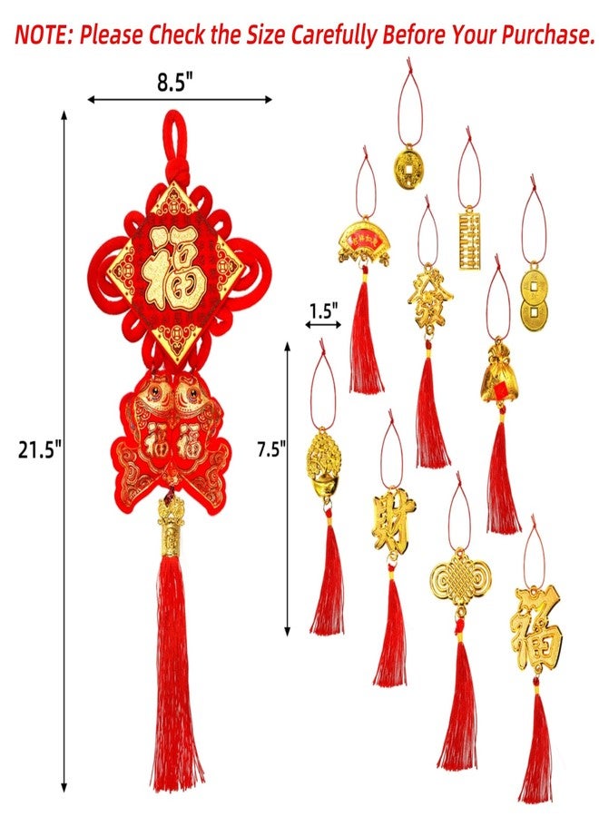 Eorbow 12 Pcs Chinese Knots, New Year Decoration Fu Character 3D Twin Fish Charm Tassel, Chinese Knotting Pendant Cord for Spring Festival Lunar Year Snake, Lucky Felt Hanging Ornament for Home Office - Image 2