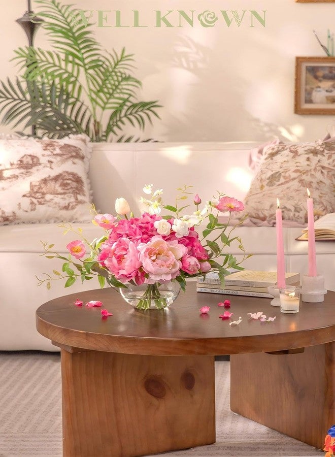 WELL KNOWN Artificial Flowers in Vase, WELL KNOWN Silk Hydrangea Bouquet and Peonies Artificial Flowers Table Centerpieces with Faux Water for Home Decor Fake Tulips Flower Arrangements for Table Decor (Fuchsia) - Image 3