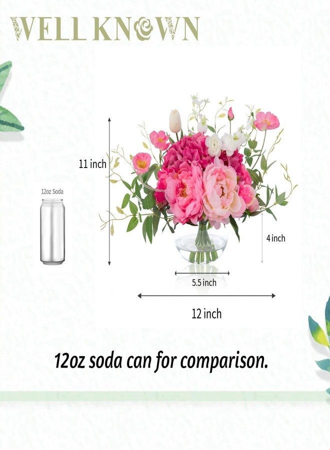WELL KNOWN Artificial Flowers in Vase, WELL KNOWN Silk Hydrangea Bouquet and Peonies Artificial Flowers Table Centerpieces with Faux Water for Home Decor Fake Tulips Flower Arrangements for Table Decor (Fuchsia) - Image 2