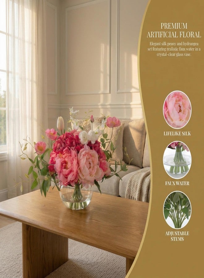 WELL KNOWN Artificial Flowers in Vase, WELL KNOWN Silk Hydrangea Bouquet and Peonies Artificial Flowers Table Centerpieces with Faux Water for Home Decor Fake Tulips Flower Arrangements for Table Decor (Fuchsia) - Image 4