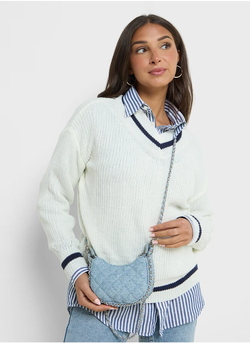 Ginger Varsity Style V Neck Sweater
