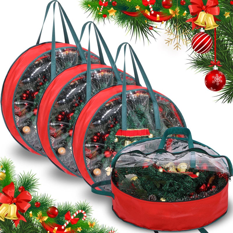 Shappy 4 Pcs Christmas Wreath Storage Bag Wreath Storage Container with Clear Window Plaid Box with Handles for Storing Garland Holiday WrappingGreen30 x 7 Inch