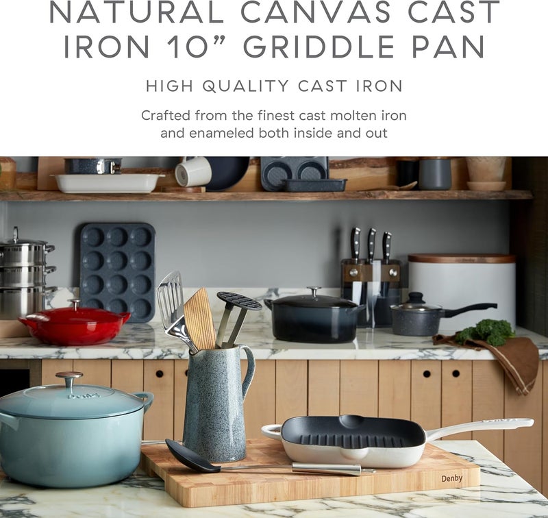 Denby  Natural Canvas White Cast Iron Griddle Pan  10 Inch Non Stick Frying Grill Pan  Oven Safe For All Stove Types Induction Gas Electric - Image 2