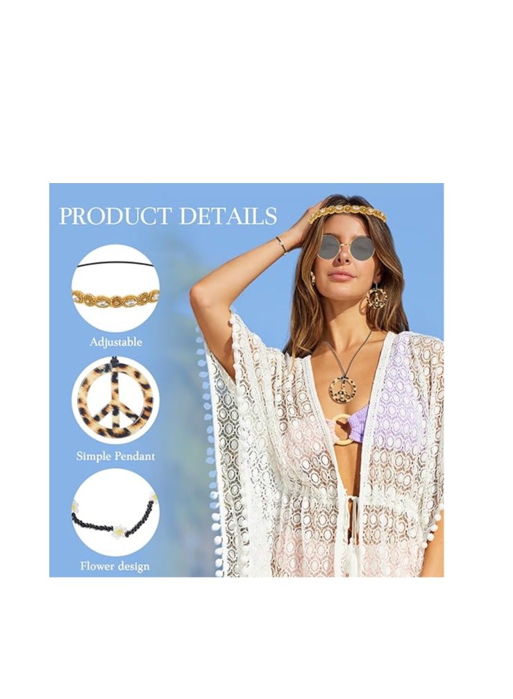 6 Piece Retro Hippie Costume Set with Glasses Earrings Necklace and Hair Band for Halloween Party  - Image 4