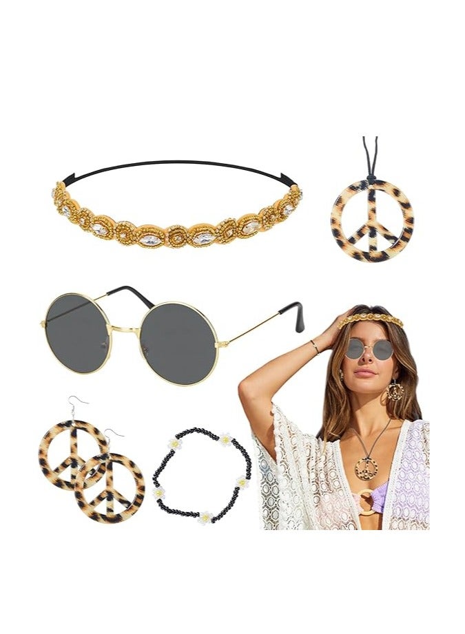 6 Piece Retro Hippie Costume Set with Glasses Earrings Necklace and Hair Band for Halloween Party  - Image 1