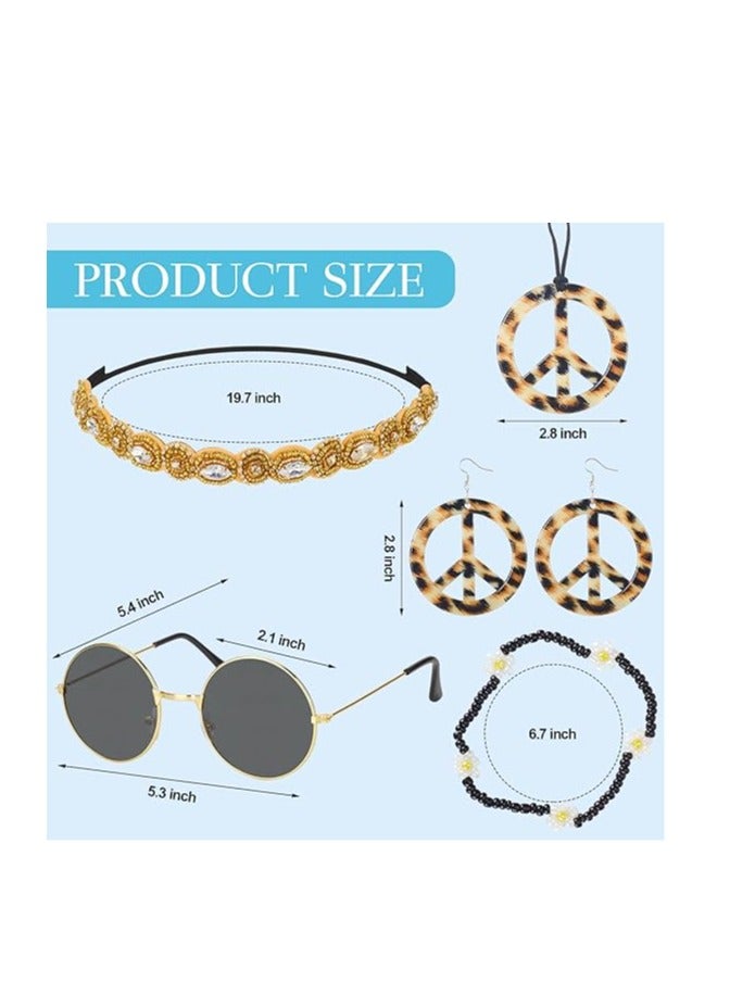 6 Piece Retro Hippie Costume Set with Glasses Earrings Necklace and Hair Band for Halloween Party  - Image 3