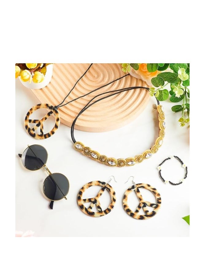 6 Piece Retro Hippie Costume Set with Glasses Earrings Necklace and Hair Band for Halloween Party  - Image 5