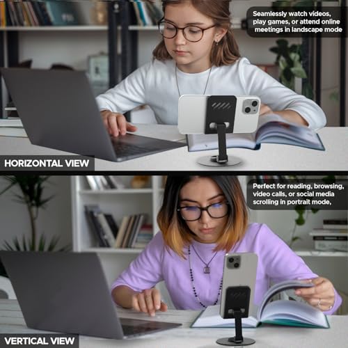 Amkette Ergo 360° Alloy Mobile Stand for Desk, Foldable Design with Stable Rotational Metallic Round Base, Multiple Height & Angle adjustments for Smartphones, Tablets & iPad (Black) - Image 5