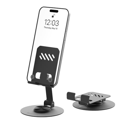Amkette Ergo 360° Alloy Mobile Stand for Desk, Foldable Design with Stable Rotational Metallic Round Base, Multiple Height & Angle adjustments for Smartphones, Tablets & iPad (Black) - Image 1