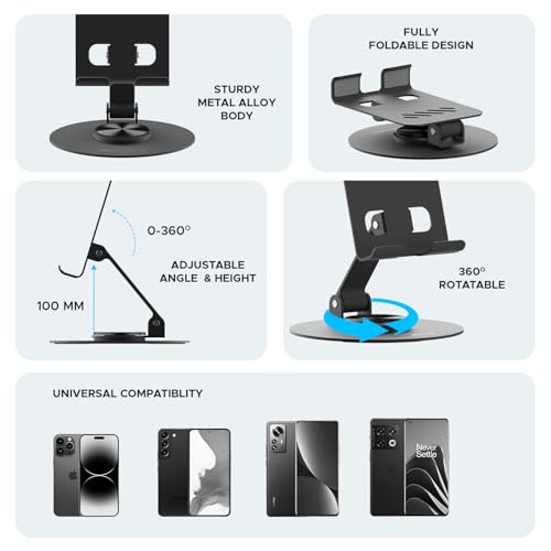 Amkette Ergo 360° Alloy Mobile Stand for Desk, Foldable Design with Stable Rotational Metallic Round Base, Multiple Height & Angle adjustments for Smartphones, Tablets & iPad (Black) - Image 2