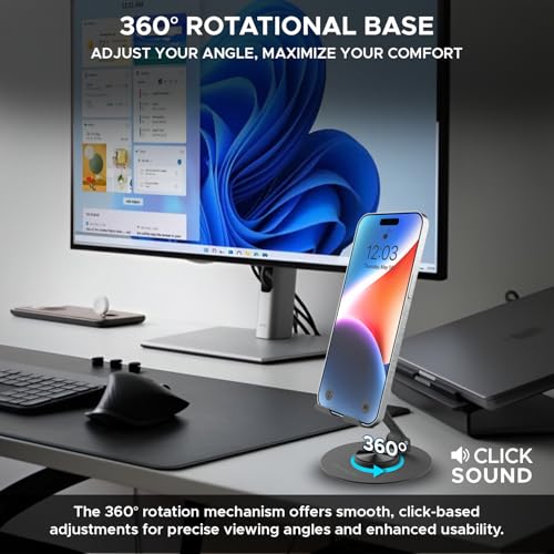 Amkette Ergo 360° Alloy Mobile Stand for Desk, Foldable Design with Stable Rotational Metallic Round Base, Multiple Height & Angle adjustments for Smartphones, Tablets & iPad (Black) - Image 3