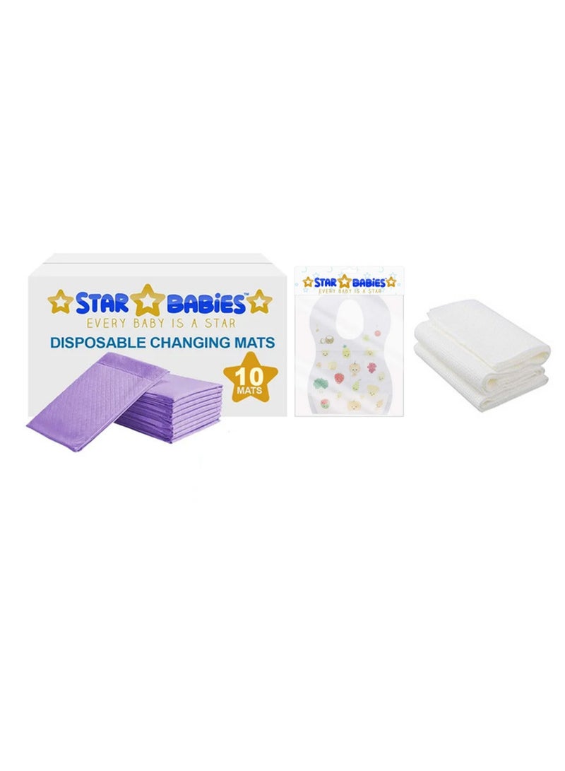 STAR BABiES Combo Pack Pack Disposable Changing Mat 10Pcs Disposable Towel 3Pcs Bibs 10Pcs-Lavender  - Image 1