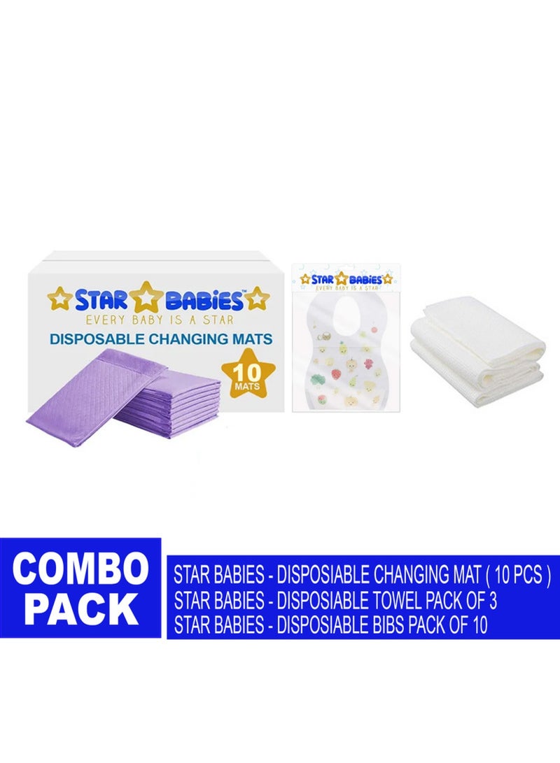STAR BABiES Combo Pack Pack Disposable Changing Mat 10Pcs Disposable Towel 3Pcs Bibs 10Pcs-Lavender  - Image 2