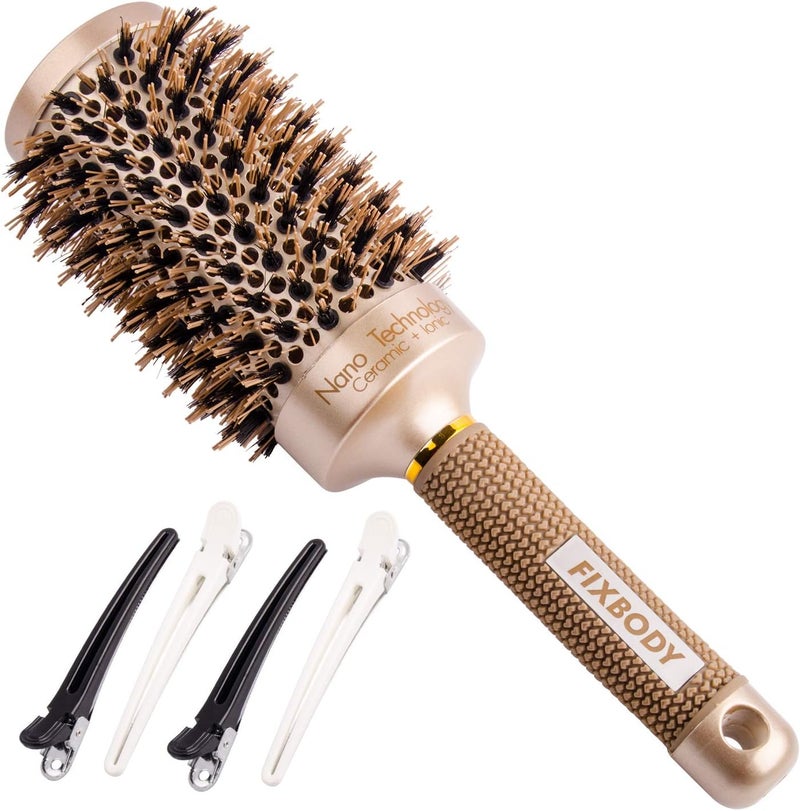 FIXBODY Round Barrel Nano Thermal Ceramic Coating Ionic Tech Hair Brush with Boar Bristles for Hair Blow Drying Styling Curling Straightening Add Volume Shine33 Barrel 22 Gold