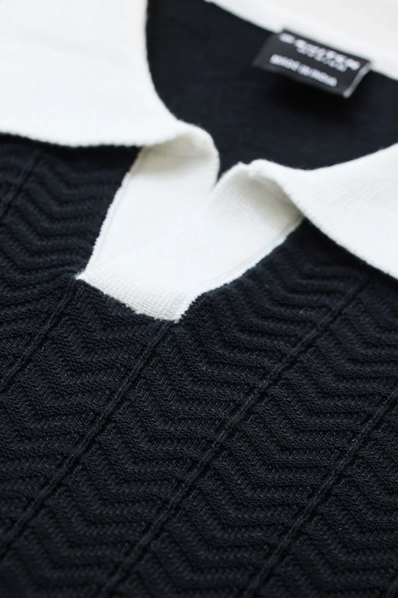 SNITCH Slim Fit Cotton Knitted Black Polo T-Shirt