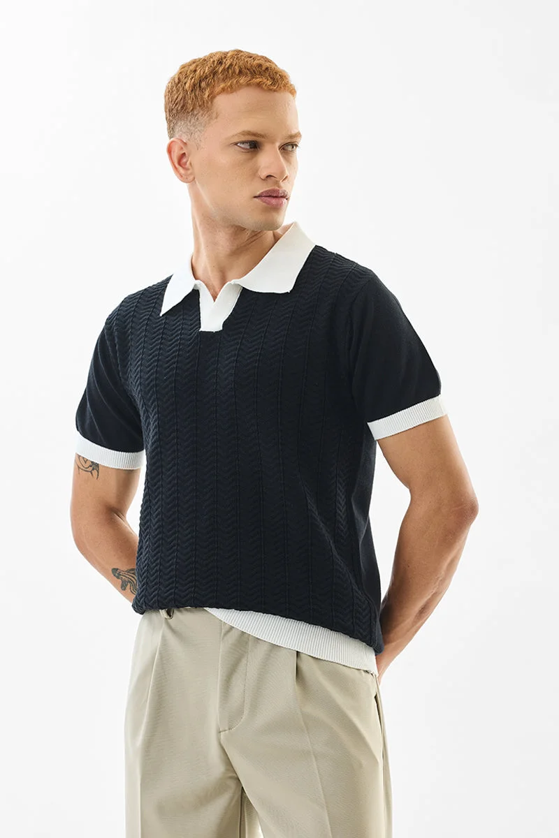 SNITCH Slim Fit Cotton Knitted Black Polo T-Shirt
