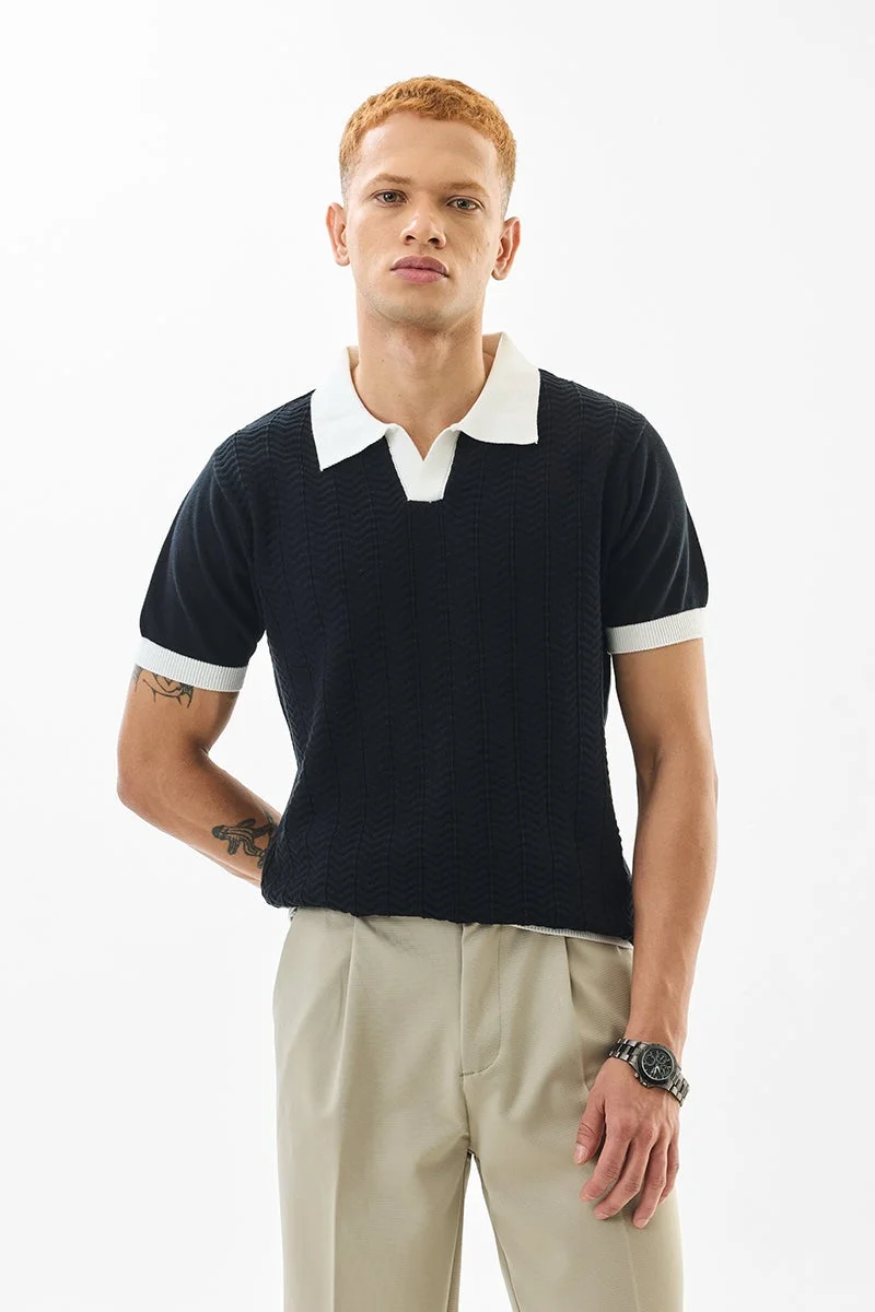 سنيتش تيشيرت بولو قطن محبوك أسود بقصة ضيقة