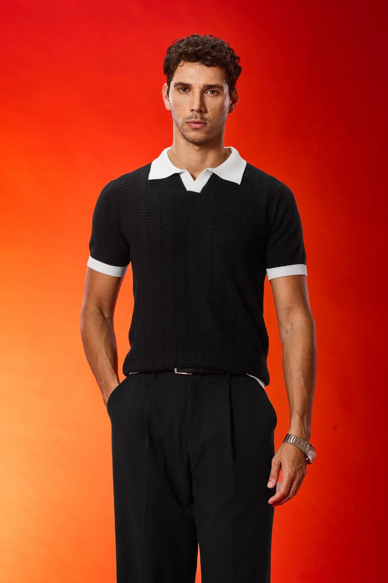 سنيتش تيشيرت بولو قطن محبوك أسود بقصة ضيقة