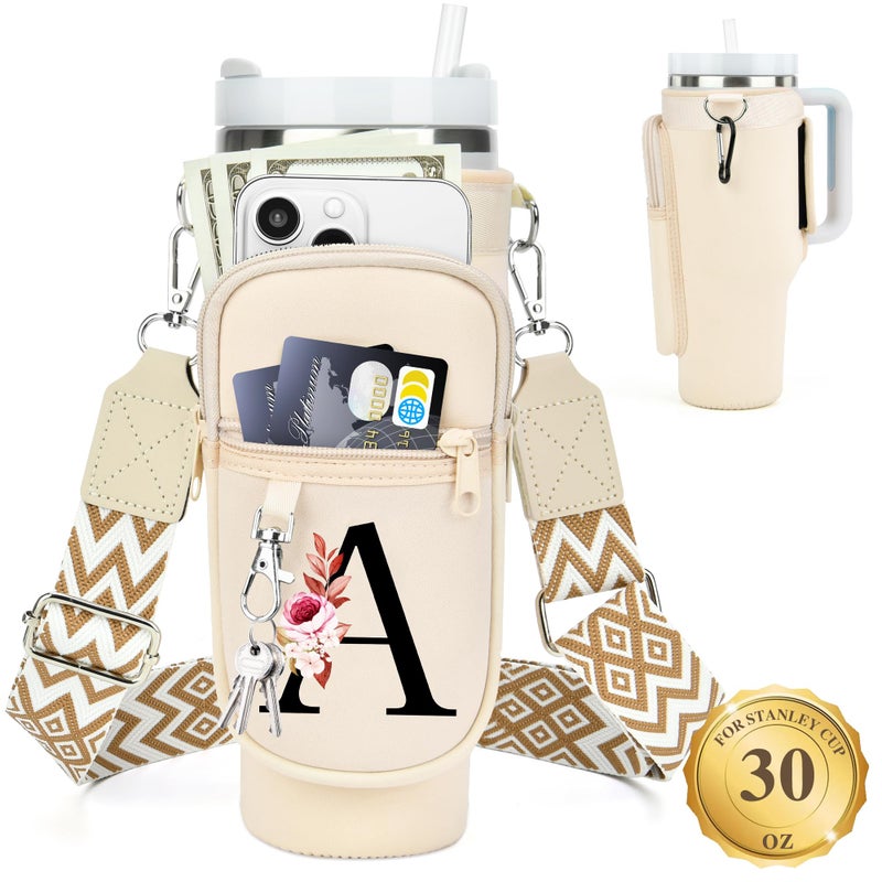 LOKASS Personalized for Stanley Cup Accessories 30oz Initial Stanley Cup Holder with Strap Cup Carrier Bag Water Bottle Holder with Phone Pocket Gifts for Women Girls Mom Travel WalkingWork - Image 2