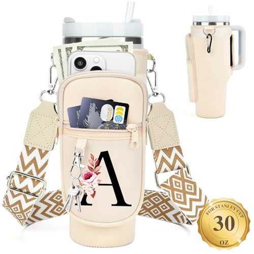 LOKASS Personalized for Stanley Cup Accessories 30oz Initial Stanley Cup Holder with Strap Cup Carrier Bag Water Bottle Holder with Phone Pocket Gifts for Women Girls Mom Travel WalkingWork - Image 1