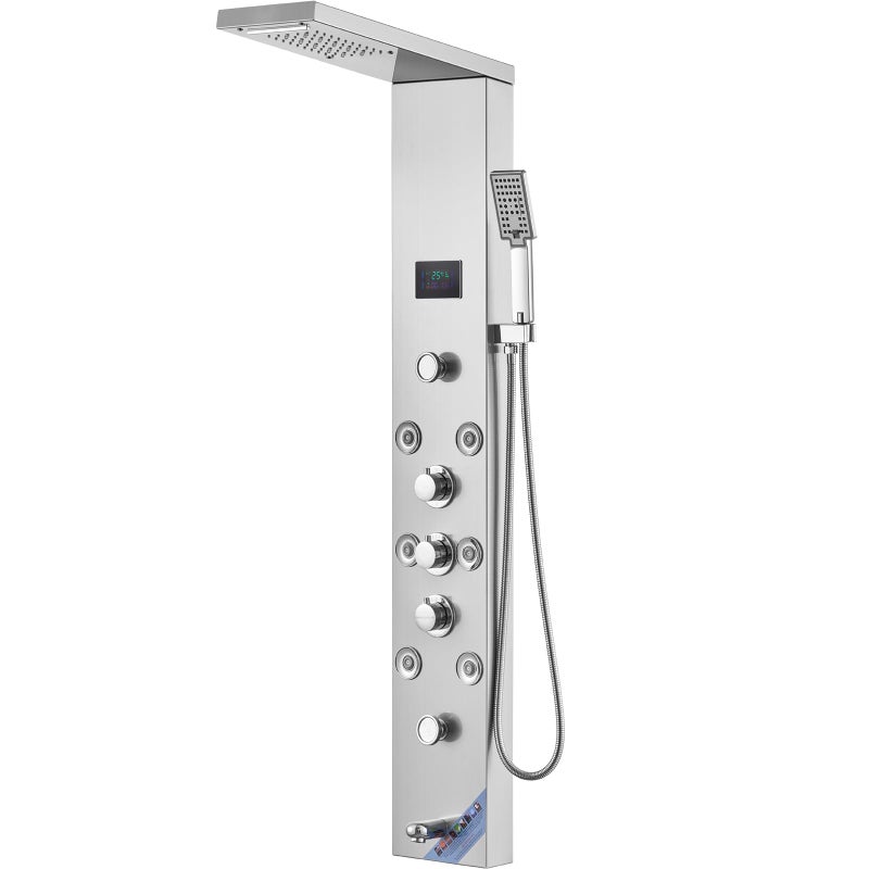 VEVOR Shower Panel, 6 Shower Modes, LED & Screen Hydroelectricity Shower Tower Panel System, Rainfall, Waterfall, 8 Massage Jets, Tub Spout, Handheld Shower, Stainless Steel Wall-Mounted Shower Set - Image 1