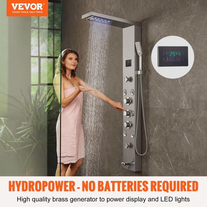 VEVOR Shower Panel, 6 Shower Modes, LED & Screen Hydroelectricity Shower Tower Panel System, Rainfall, Waterfall, 8 Massage Jets, Tub Spout, Handheld Shower, Stainless Steel Wall-Mounted Shower Set - Image 2