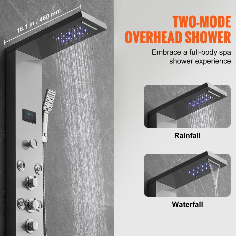 VEVOR Shower Panel, 6 Shower Modes, LED & Screen Hydroelectricity Shower Tower Panel System, Rainfall, Waterfall, 8 Massage Jets, Tub Spout, Handheld Shower, Stainless Steel Wall-Mounted Shower Set - Image 3