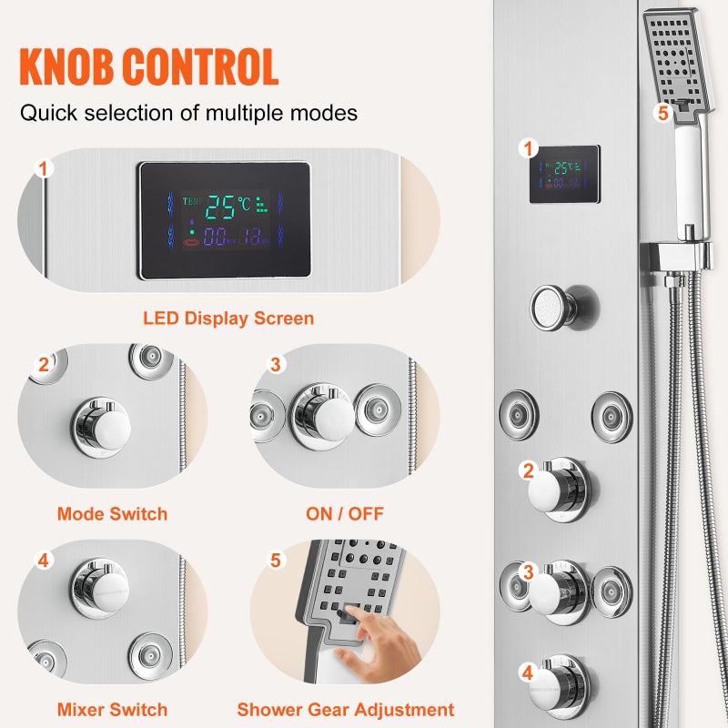 VEVOR Shower Panel, 6 Shower Modes, LED & Screen Hydroelectricity Shower Tower Panel System, Rainfall, Waterfall, 8 Massage Jets, Tub Spout, Handheld Shower, Stainless Steel Wall-Mounted Shower Set - Image 5