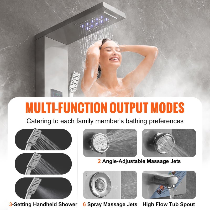 VEVOR Shower Panel, 6 Shower Modes, LED & Screen Hydroelectricity Shower Tower Panel System, Rainfall, Waterfall, 8 Massage Jets, Tub Spout, Handheld Shower, Stainless Steel Wall-Mounted Shower Set - Image 4