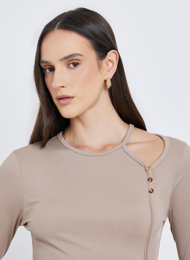 Styli Brown Ribbed Knit Top with Cut-Out Detail - Image 4