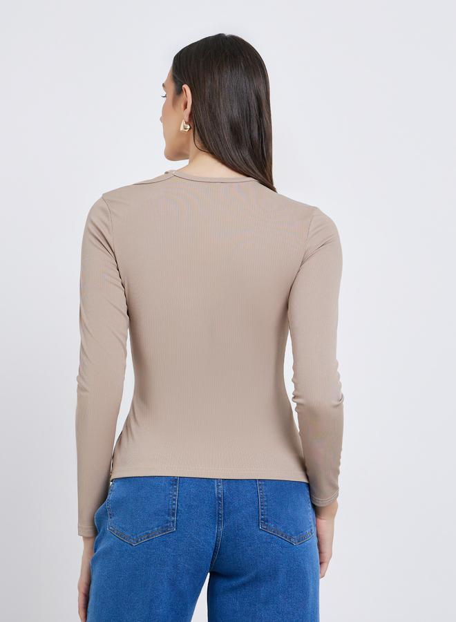 Styli Brown Ribbed Knit Top with Cut-Out Detail - Image 2