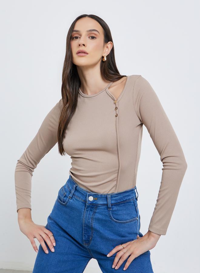 Styli Brown Ribbed Knit Top with Cut-Out Detail - Image 3