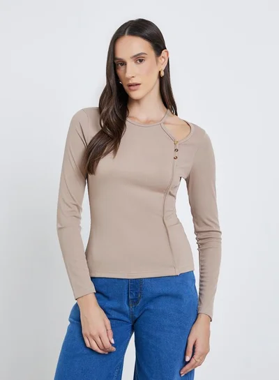 Styli Styli Brown Ribbed Knit Top with Cut-Out Detail