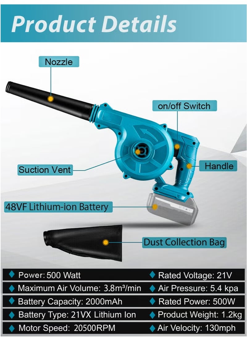 Toshionics 2-in-1 Air Blower and Vacuum Cleaner 21VF Lithium-Ion Battery Handheld Lightweight Leaf Blower Dual Function for Blowing & Suction High-Speed 20500 RPM Motor 130 MPH Air Velocity Industrial-Grade Power Tool for Garden Garage Car Drying Quick Cleaning with Dust Bag & Charging Adapter Multicolor 1.2kg Rechargeable 500W - Image 5
