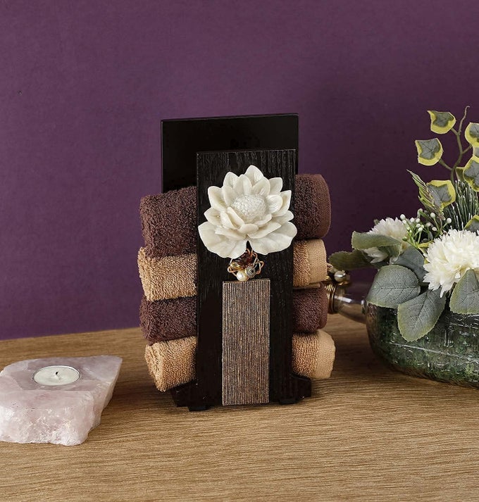 HANDCRAFTED WOODEN HAND TOWEL HOLDER TOWEL STAND FOR BATHROOM NAPKIN HOLDER FOR WASHBASIN TOWEL STAND GUESTS TOWEL ORGANIZER RACK BATHROOM ACCESSORIES TOWEL RACK BROWN LOTUSG