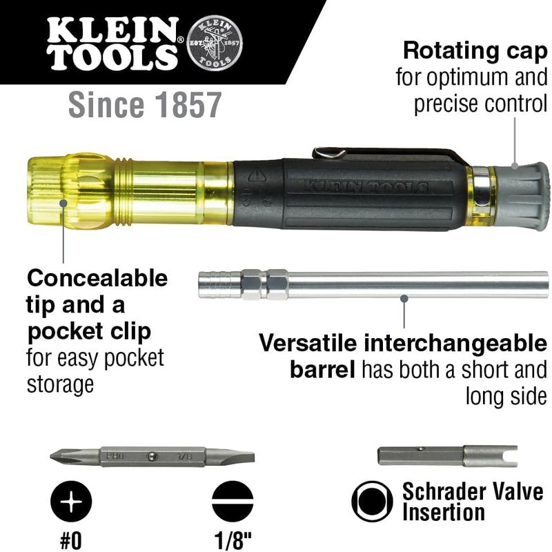 Klein Tools 32613 Multi-Bit Screwdriver, Precision HVAC 3-in-1 Pocket Screwdriver with Phillips, Slotted and Schrader Bits - Image 2
