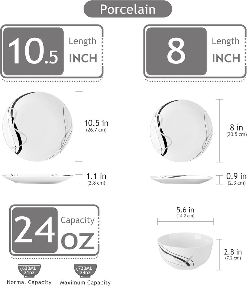 VEWEET طقم أدوات مائدة بورسلين VEWEET لـ 4 أشخاص 12 قطعة أطباق وأوعية مع خطوط ريبون سوداء ورمادية طقم أدوات مائدة لتناول العشاء آمن للاستخدام في الميكروويف وغسالة الصحون سلسلة FIONA - Image 2