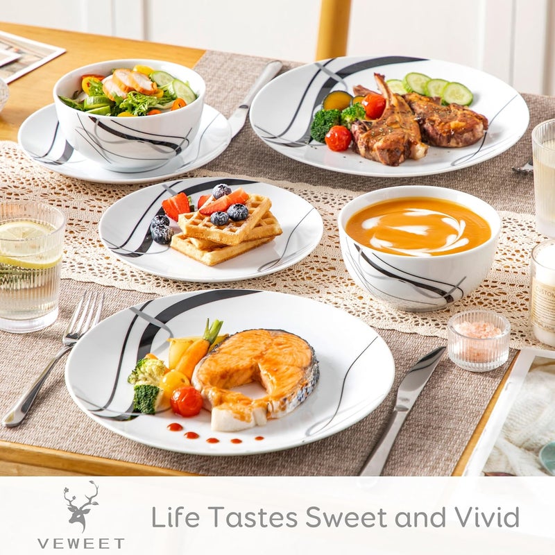 VEWEET طقم أدوات مائدة بورسلين VEWEET لـ 4 أشخاص 12 قطعة أطباق وأوعية مع خطوط ريبون سوداء ورمادية طقم أدوات مائدة لتناول العشاء آمن للاستخدام في الميكروويف وغسالة الصحون سلسلة FIONA - Image 3