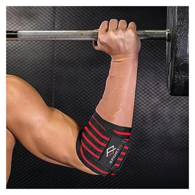 سبورت كيو اكمام ضمادة ضاغطة باستك مطاطي بطول الكوع، وسادات ضاغطة وداعمة للمارسين لرياضة رفع الاثقال والاوزان الحرة ورياضة كمال الاجسام، وتستخدم لرباط تقويمي للذراع، من سبورت كيو، أكريلونيتريل بوتادين ستايرين - Image 1