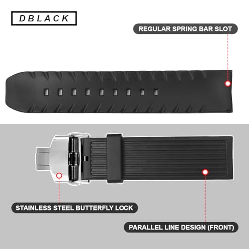 DBLACK ''VITO'' 22mm Rubber Watch Strap with Butterfly Lock, Sleek Line Design, Soft, Flexible & Waterproof Watch Belt (Choose Your Size, Black) (Black, 22mm) - Image 3