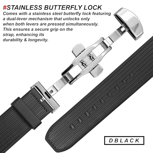 DBLACK ''VITO'' 22mm Rubber Watch Strap with Butterfly Lock, Sleek Line Design, Soft, Flexible & Waterproof Watch Belt (Choose Your Size, Black) (Black, 22mm) - Image 4