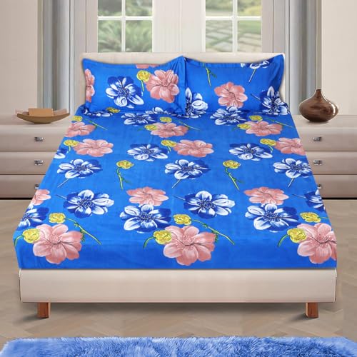 ROMEE Elegant Floral Printed Glace Cotton Double Bedsheet, 144 TC Soft Feel, Queen Size (90 x 100 Inches), with 2 Pillow Covers, Blue - Image 2