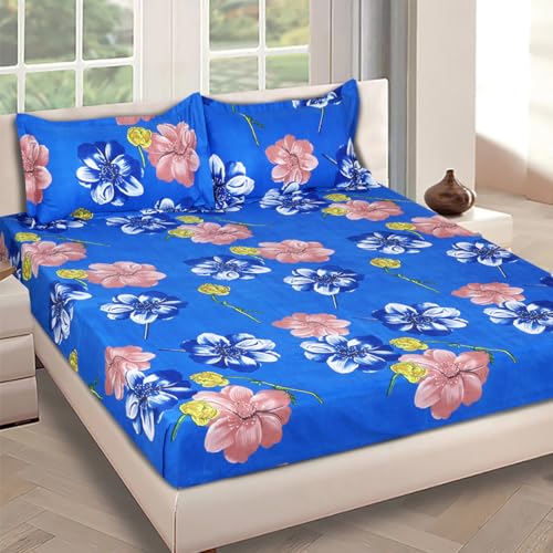 ROMEE Elegant Floral Printed Glace Cotton Double Bedsheet, 144 TC Soft Feel, Queen Size (90 x 100 Inches), with 2 Pillow Covers, Blue - Image 1