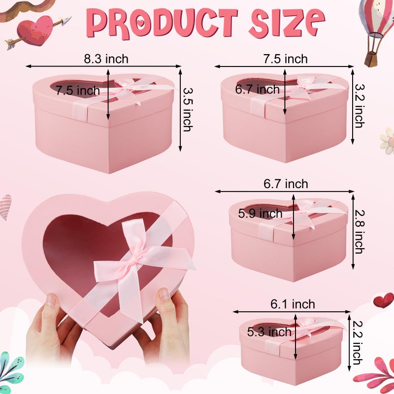 Resurhang 4 Pcs Valentine Flower Boxes Heart Shaped Boxes Floral Gift Box Assorted Sizes with Transparent Window Lids and Ribbons for Luxury Flower Gift Arrangements Wedding(Pink) - Image 2