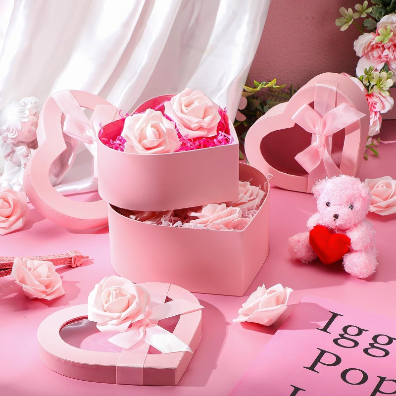 Resurhang 4 Pcs Valentine Flower Boxes Heart Shaped Boxes Floral Gift Box Assorted Sizes with Transparent Window Lids and Ribbons for Luxury Flower Gift Arrangements Wedding(Pink) - Image 5