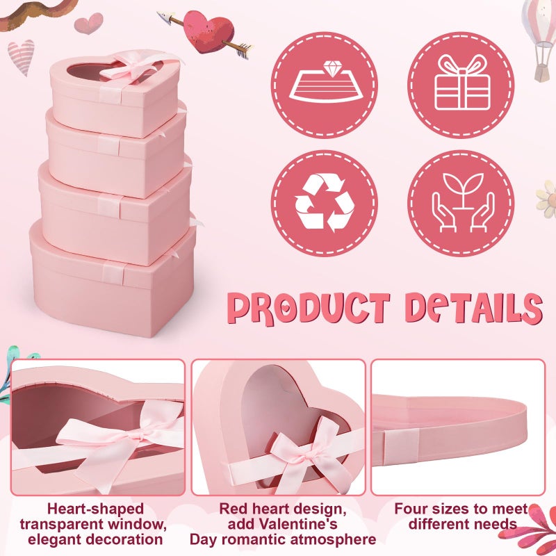 Resurhang 4 Pcs Valentine Flower Boxes Heart Shaped Boxes Floral Gift Box Assorted Sizes with Transparent Window Lids and Ribbons for Luxury Flower Gift Arrangements Wedding(Pink) - Image 3
