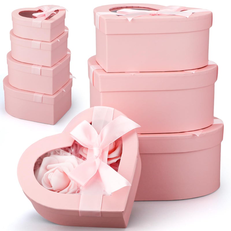 Resurhang 4 Pcs Valentine Flower Boxes Heart Shaped Boxes Floral Gift Box Assorted Sizes with Transparent Window Lids and Ribbons for Luxury Flower Gift Arrangements Wedding(Pink) - Image 1
